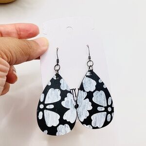 Hand-painted Black and White Floral Dangles